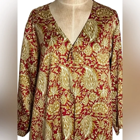 Natori Georgette Zip Front Caftan Kimono Red Gold Paisley Comfort — Large - Picture 2 of 12